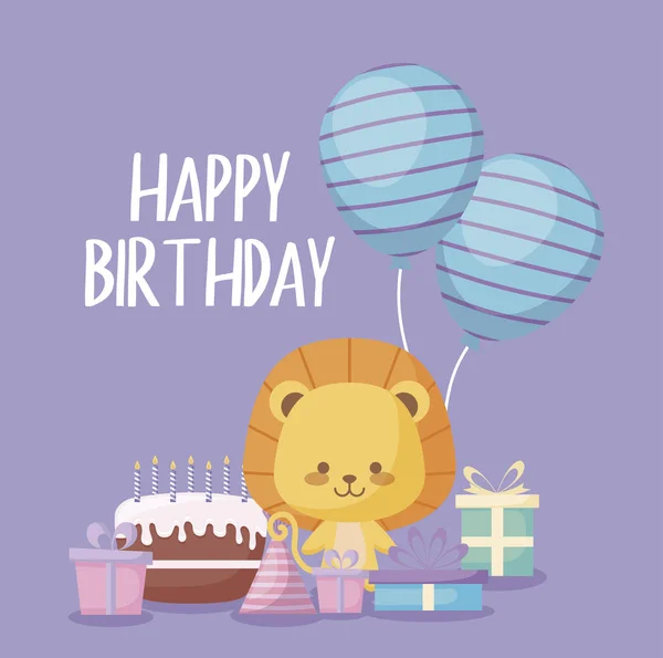 Tarjeta de cumpleaños feliz con león lindo — Vector de stock