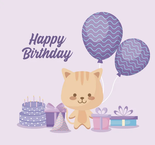 Feliz cumpleaños tarjeta con lindo gato — Vector de stock