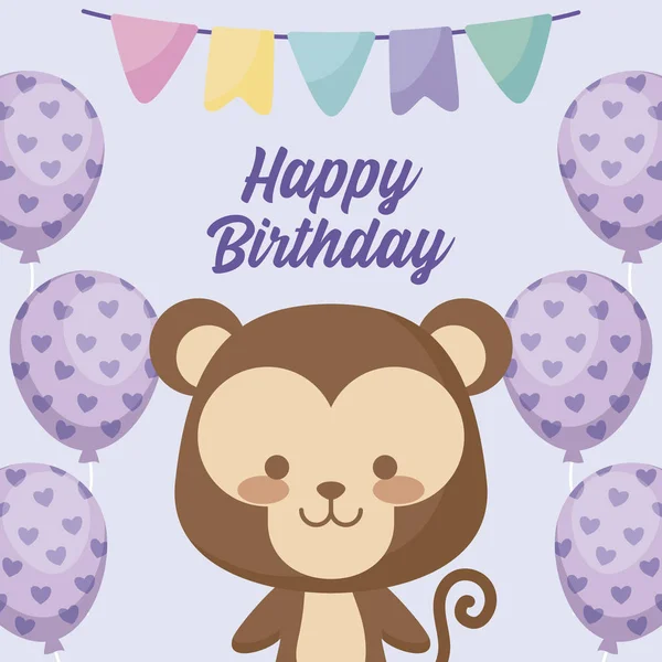 Tarjeta de cumpleaños feliz con mono lindo — Vector de stock