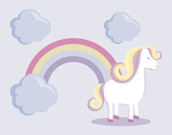 Unicorn lucu dengan pelangi dan awan - Stok Vektor