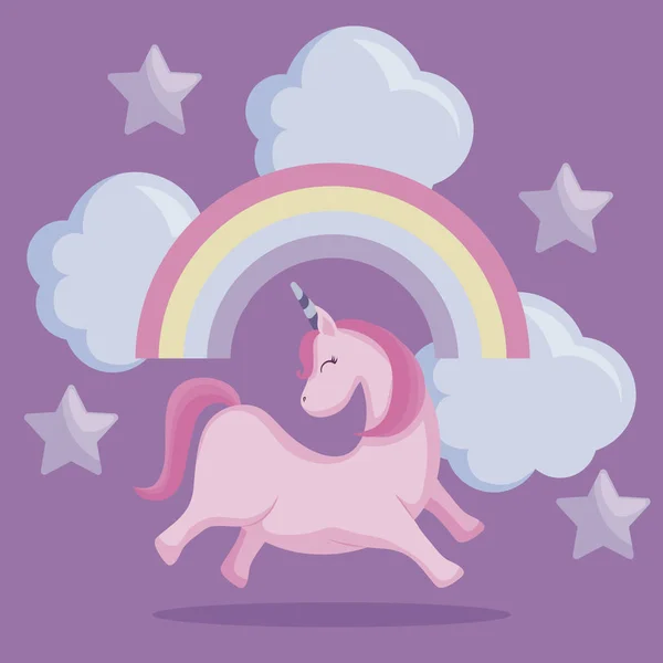 Cute unicorn with rainbow and clouds — Stock Vector