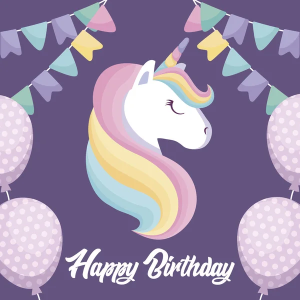 stock vector happy birthday card with cute unicorn