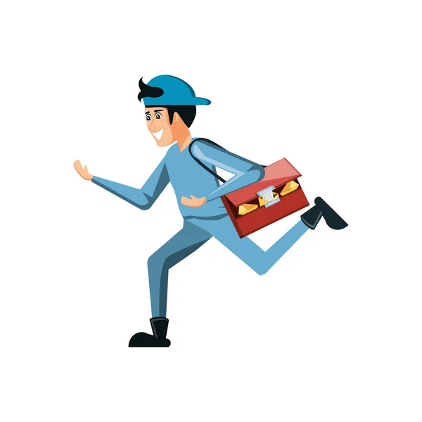 Delivery worker running with post bag icon — Stock Vector