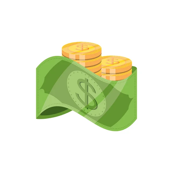 Dinheiro de dólar de conta com moedas — Vetor de Stock