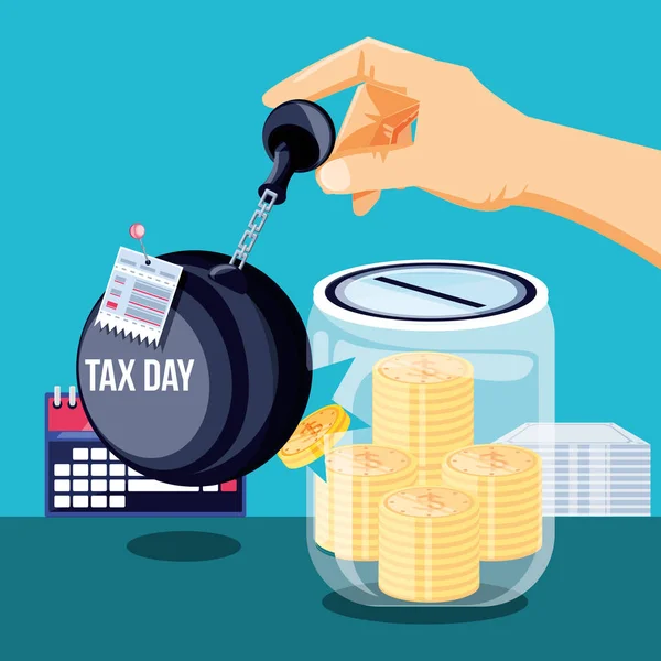 Tax day with saving jar and set icons — Stock Vector