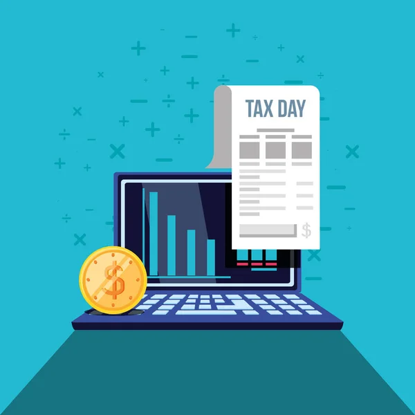 Tax day with laptop computer and set icons — Stock Vector