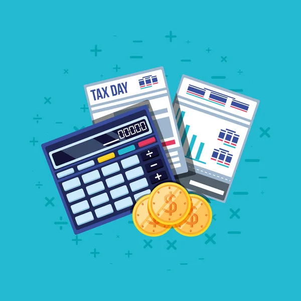 Tax day with calculator and set icons — Stock Vector