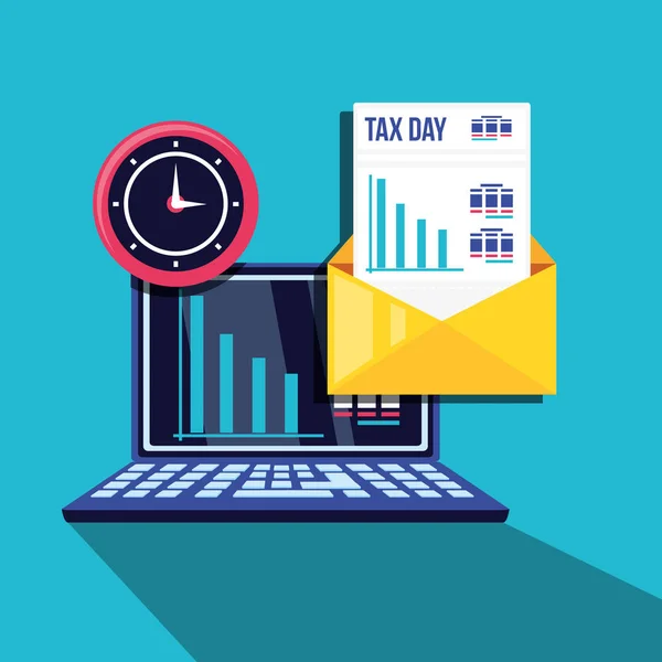 Jour de l'impôt avec ordinateur portable et définir des icônes — Image vectorielle