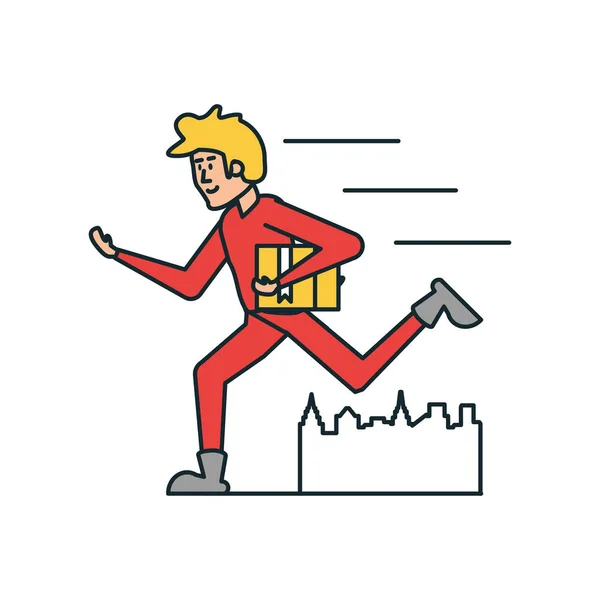 Trabajador de entrega corriendo con caja de cartón — Vector de stock