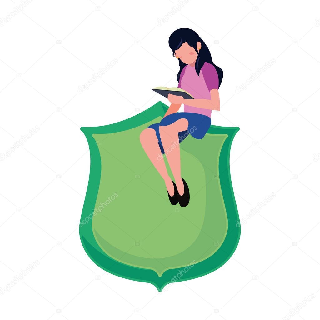 woman reading book on shield