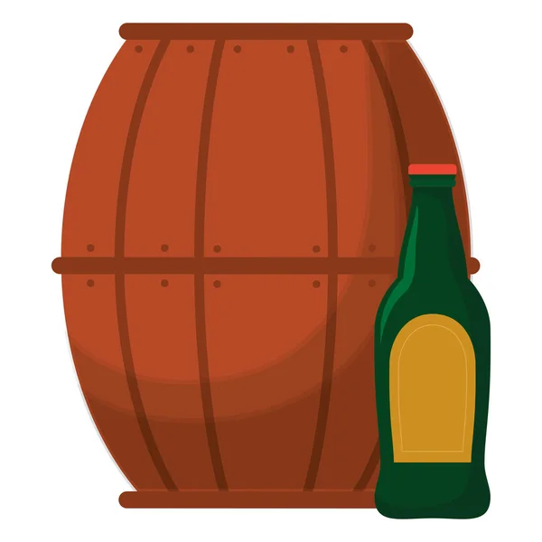 Barril de madeira de cerveja com garrafa — Vetor de Stock