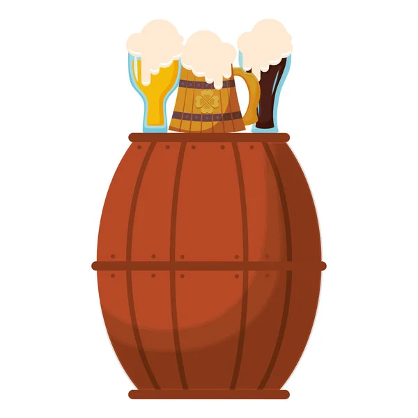 Деревянный бочонок пива с банками пива — стоковый вектор