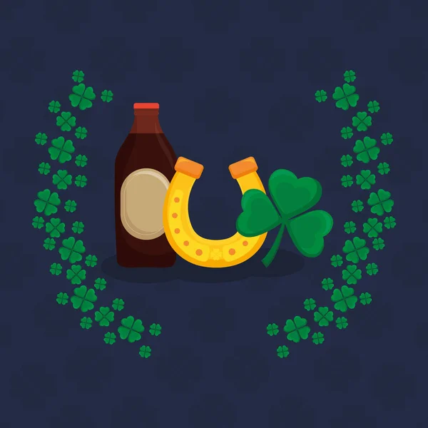 Horseshoe lucky with beer bottle and clover — Stock Vector