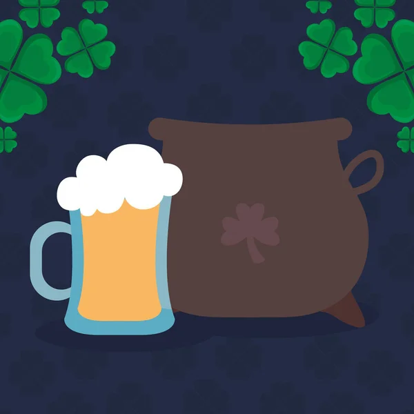 St patricks carte de jour avec chaudron et pot de bière — Image vectorielle