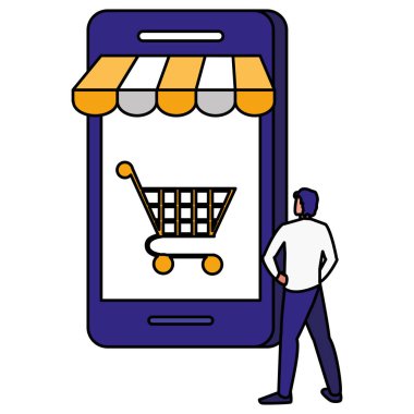 alışveriş sepeti ile akıllı telefon kullanan genç adam