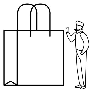 Genç adam akıllı telefon alışveriş çantası ile kullanma