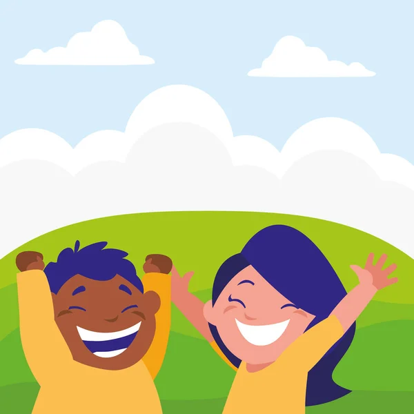 Feliz crianças casal no acampamento interracial personagens —  Vetores de Stock