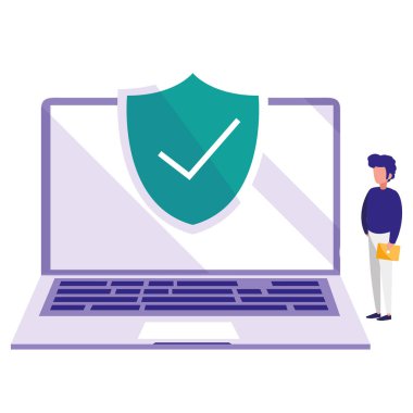 dizüstü bilgisayar ile kalkan kullanan adam