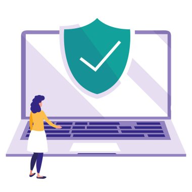 dizüstü bilgisayar ile kalkan kullanan kadın