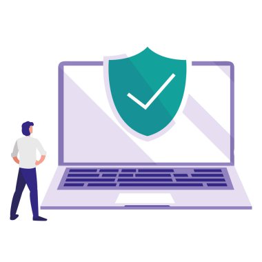 dizüstü bilgisayar ile kalkan kullanan adam