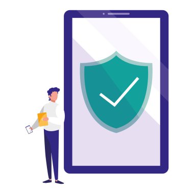 kalkan ve ok sembolü ile akıllı telefon kullanan adam