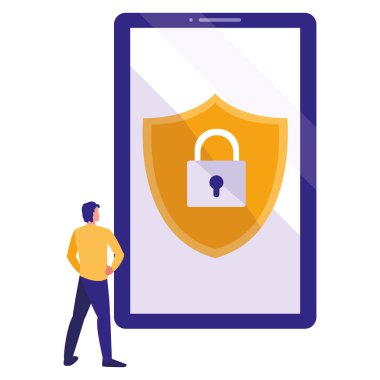 kalkan ve asma kilit ile akıllı telefon kullanan adam