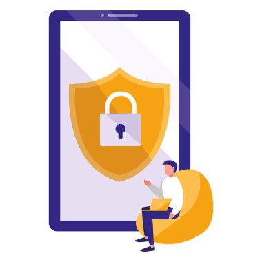 kalkan ve asma kilit ile akıllı telefon kullanan adam