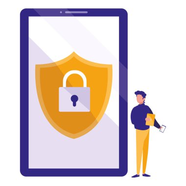 kalkan ve asma kilit ile akıllı telefon kullanan adam