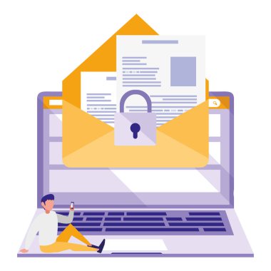 zarf ve asma kilit ile dizüstü bilgisayar kullanan adam