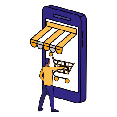 alışveriş sepeti ile akıllı telefon kullanan genç adam