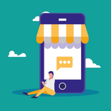 şemsiye ile akıllı telefon kullanan genç adam