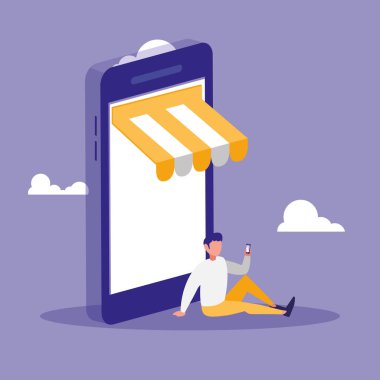 şemsiye ile akıllı telefon kullanan genç adam