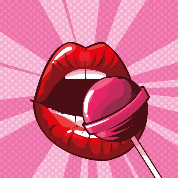 Sexy mujer labios con caramelo pop estilo de arte — Vector de stock