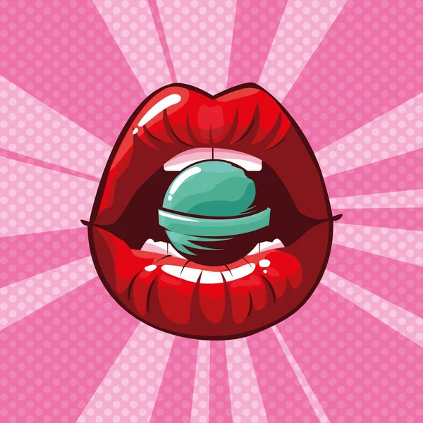 Sexy mujer labios con caramelo pop estilo de arte — Vector de stock