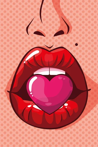 Сексуальна жінка рот з серцем поп-арт стиль — стоковий вектор