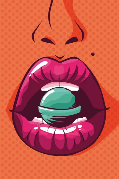 Sexy mulher lábios com doces pop arte estilo — Vetor de Stock