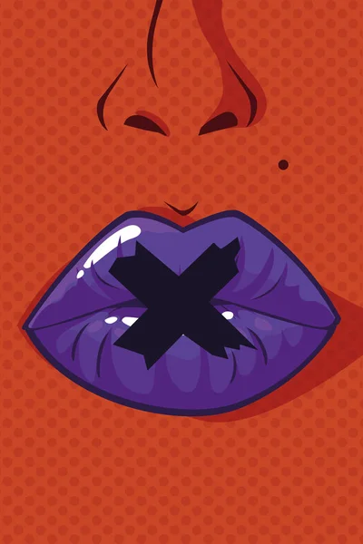 Sexy vrouw mond gesloten met tape pop-art stijl — Stockvector