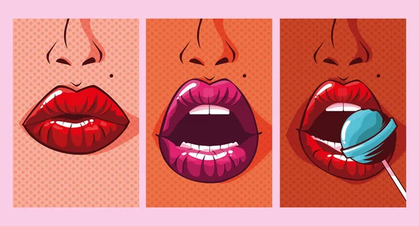 セクシーな女性の口ポップなアート スタイルのセット — ストックベクタ