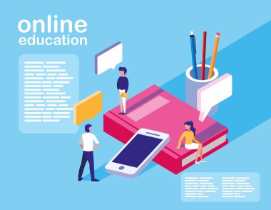 Online eğitim mini insanlarla smartphone ve ebooks
