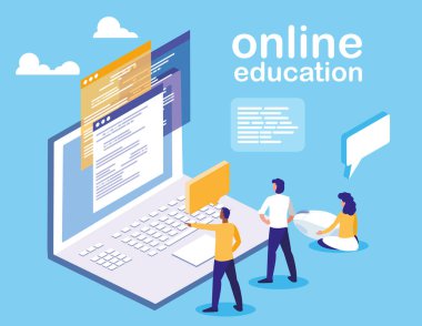 dizüstü bilgisayar ve küçük insanlarla online eğitim