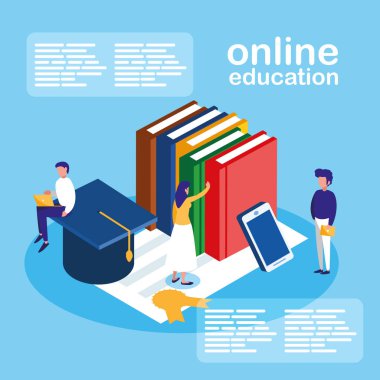 Online eğitim mini insanlarla smartphone ve ebooks