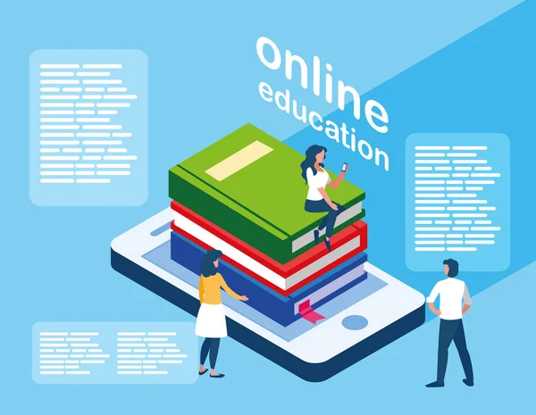 Μίνι άτομα σε απευθείας σύνδεση εκπαίδευση με smartphone και ebooks — Διανυσματικό Αρχείο