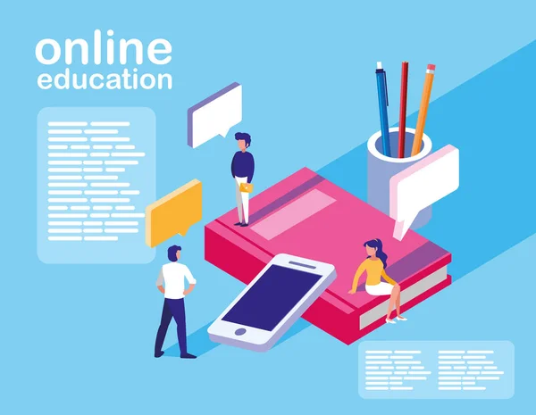 Educação on-line mini-pessoas com smartphone e ebooks —  Vetores de Stock