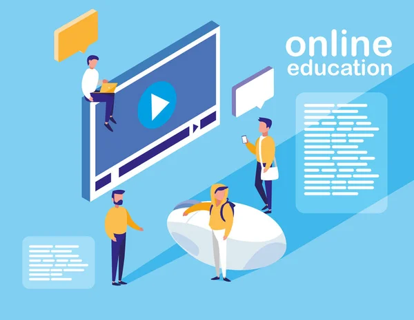 Educação on-line com display media player e mini-pessoas — Vetor de Stock