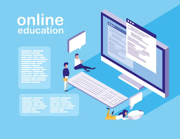 Educação on-line com desktop e mini pessoas —  Vetores de Stock