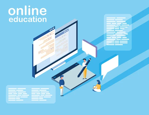 Educación en línea con escritorio y mini personas — Vector de stock