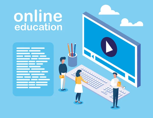 Online education with desktop and mini people — Stock Vector