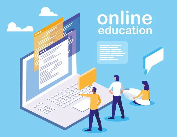 Educación en línea con el ordenador portátil y mini personas — Vector de stock