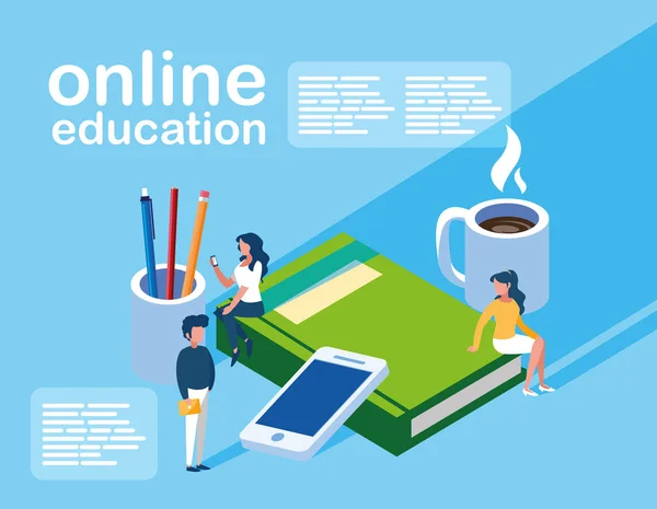 Educação on-line mini-pessoas com smartphone e ebooks —  Vetores de Stock