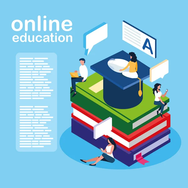 Educação online mini-pessoas com ebooks e chapéu de formatura —  Vetores de Stock